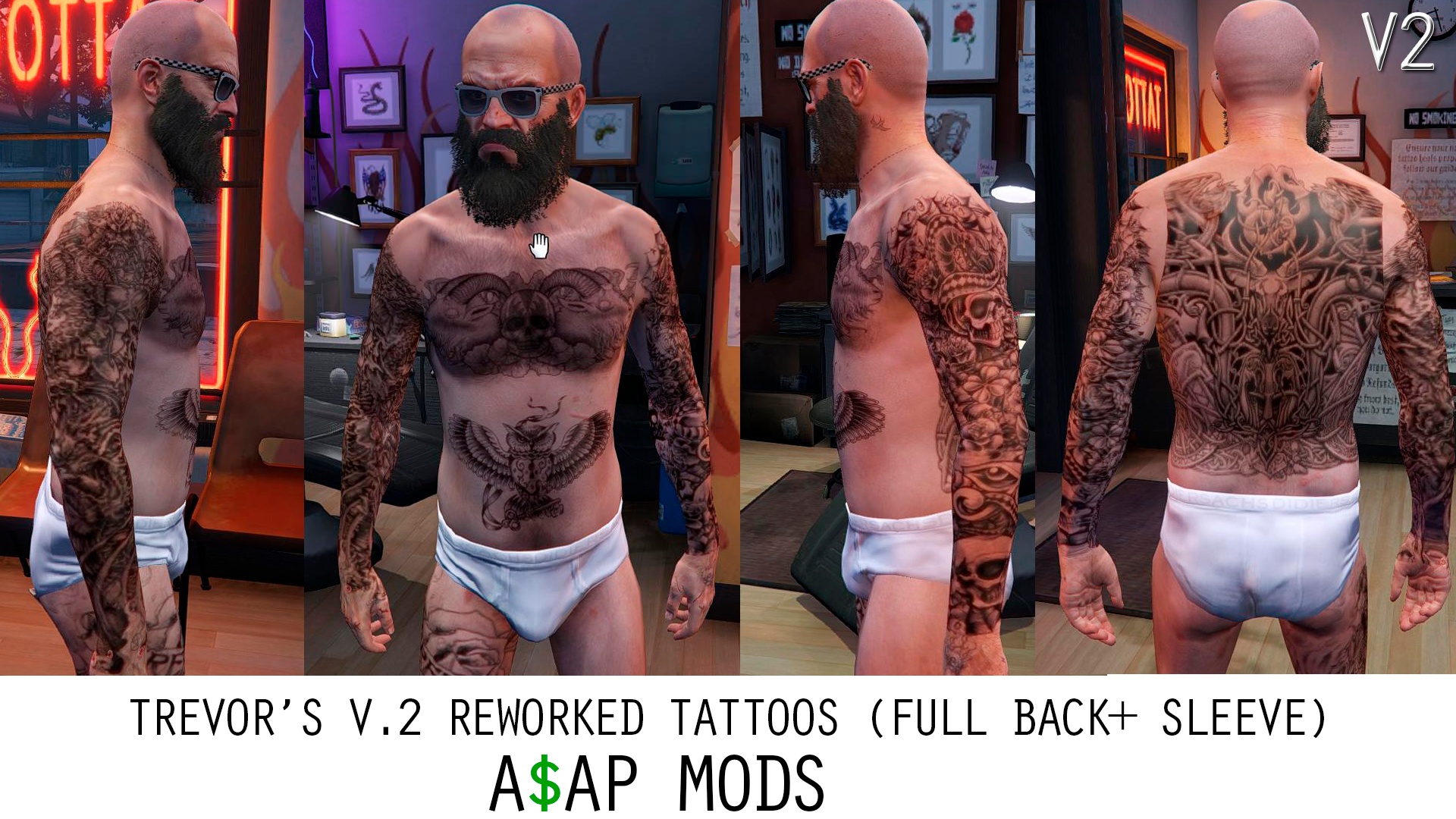HD Tattoos (face/sleeve/back/feet) for Trevor Franklin & Michael  – GTA 5  mod